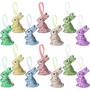 Watayo 14 PCS Easter Foam Glitter Rabbit Ornament Easter Colored Bunny Hanging Ornament for Easter Party Supplies DIY Decoration Gift