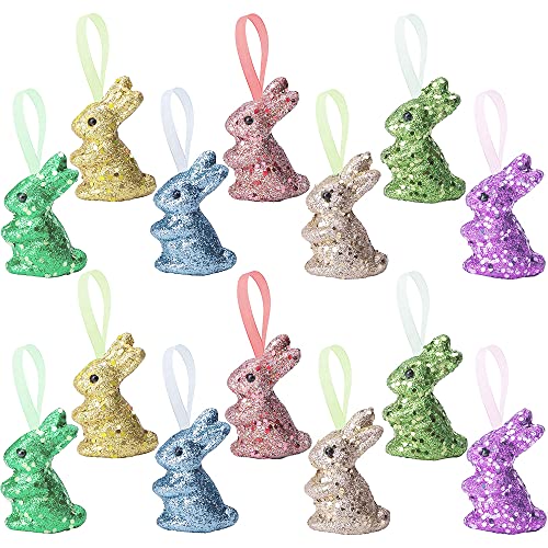 Watayo 14 PCS Easter Foam Glitter Rabbit Ornament Easter Colored Bunny Hanging Ornament for Easter Party Supplies DIY Decoration Gift