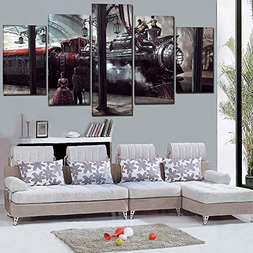 Djdasn 5 Piece Steampunk Train Poster Canvas Print Train Station Locomotive And People Painting Modern Home Decor Artwork 150*80cm（Frameless） Cafe study office Wall background living room Gym bar beds steampunk buy now online