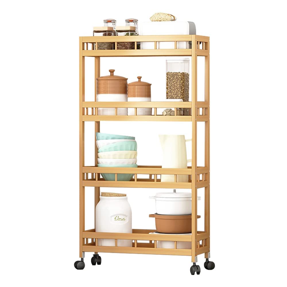 4-Tier Carrello Cucina in Legno di bambù, Carrello da Cucina di Servizio, carrello di stoccaggio sottile multistrato, Carrello di servizio in bambù multiuso (50 x 18 x 96 cm)