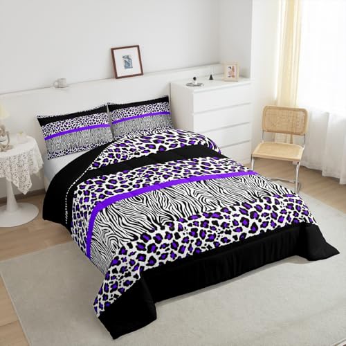 Image of Feelyou Kids Full Size Purple Leopard Comforter Set Zebra Bedding Set Purple Black Comforter for Kids Boys Girls Animal Duvet Insert Adult Bedroom Decor 3Pcs