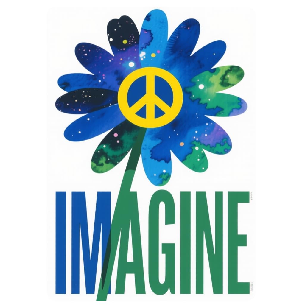 Hippie Peace Imagine Blue Flower Tin Sign, 8x12 Inch