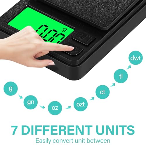 Feinwaage, 0.01 g/1000 g Multifunktions Grammwaage, Digitalwaage Goldwaage Münzwaage, Taschenwaage mit Lcd Display, 7 Einheiten, Tara, Multifunktion für Küche, Schmuck, Kräuter, Tee, Hefe, Kaffee