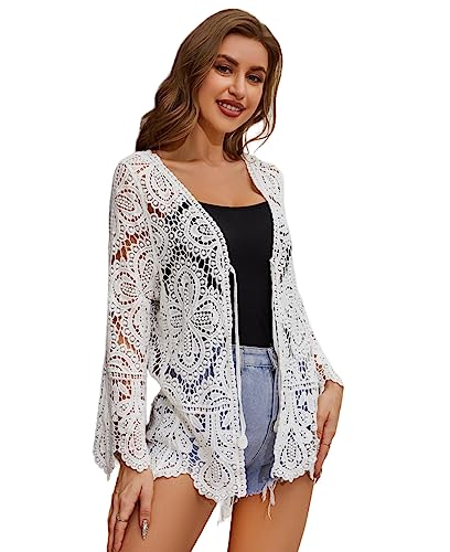 Image of Women's Cotton Casual Floral Lace Crochet Long Sleeve Cardigan Boho Cover Up