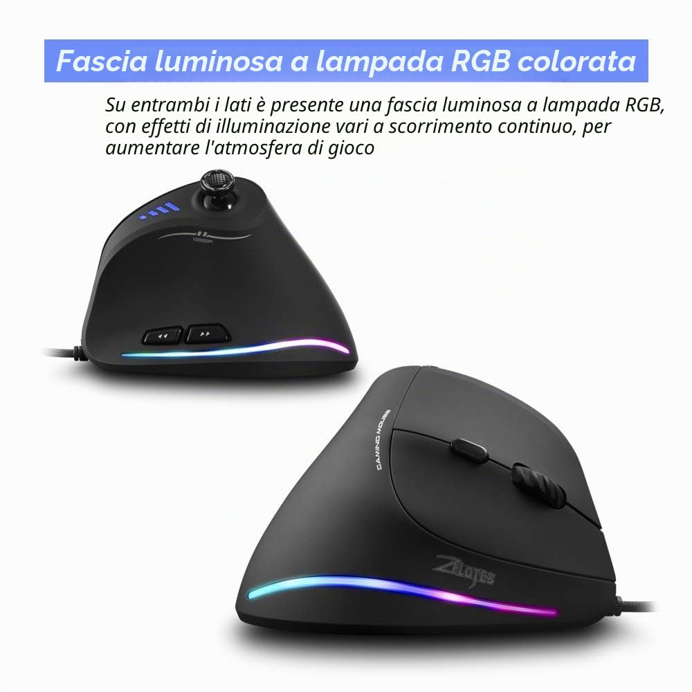 zelotes Mouse verticale con Joystick,10000DPI,11 pulsanti programmabili,RGB,Design ergonomico,Ottico USB Mouse Gamer cablato per PC,Laptop,Mac,Nero