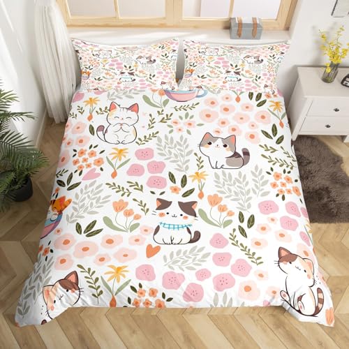 Feelyou Boys Girls Kawaii Cats Bedding Set Queen Size, Cute Kitten Comforter Cover Cartoon Animal Duvet Cover Kids Colorful Flowers Plants Teens Bedspread Cover Bedclothes Zipper(No Comforter)