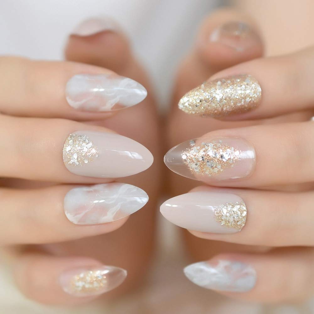 Amazon.com: CoolNail Pointed Stiletto False Nail Art Tips Nude Grey Marble  Cloud Fake Nails Clear Shimmer Glitter Press on Full Summer Daily Wear :  Beauty & Personal Care