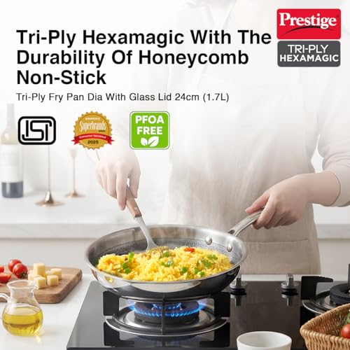 Image of Prestige 24cm /1.7L Tri-Ply Stainless Steel Hexamagic Fry Pan with Lid|Honeycomb Structure|Durability of Triply|Metal Spoon Friendly|Gas & Induction Compatible|Dishwasher Safe|Low Oil Consumption|Grey