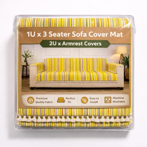 Image of Gifts Island 3 Seater Cotton Sofa Cover Mat | Anti Slip Sofa Cover Throw | All Over Furniture Protector with Elastic Straps | Washable Couch Cover for Living Room (Yellow, 3 Seater)