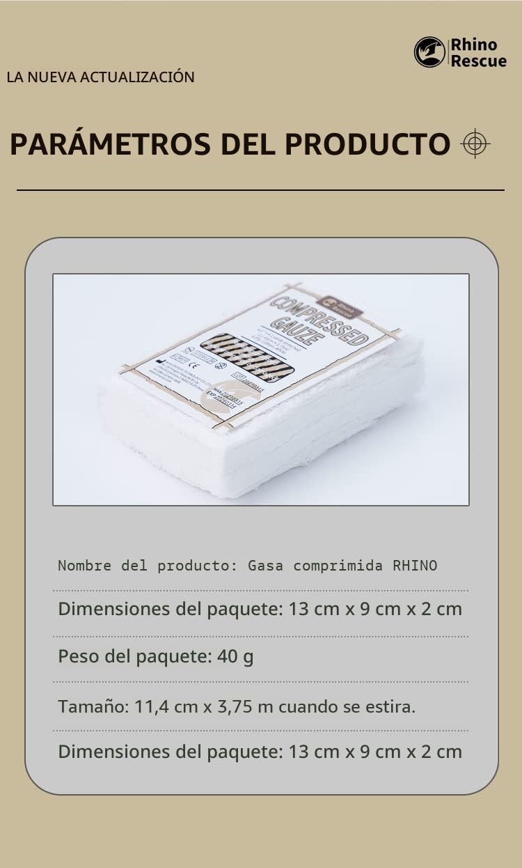 RHINO RESCUE Compressed Gauze estéril comprimida de primeros auxilios, apósito médico de emergencia para IFAK, vendaje de control hemostático