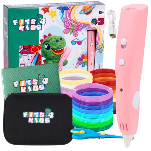 Fits4Kids® Lápices 3D para niños a partir de 6 años – Bolígrafo 3D inalámbrico con filamento PCL de 60 m, USB-C, baja temperatura, plantillas y estuche XL, juego de iniciación para niñas y niños (rosa