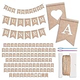 Pre-Printed Banner Kit – 97 BURLAP Flags with WHITE Letters, Numbers & Symbols, Reusable DIY Custom Banner, Make Your Own Personalized Banner for Aesthetic Party Decor, Natural Linen-Look Burlap, Includes Twine & Needles