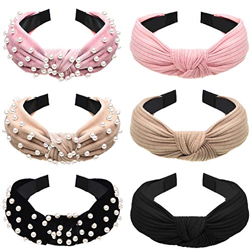6 Pieces Velvet Wide Headbands Knot Turban Headbands with Faux Pearl Hair Bands Elastic Hair Accessories for Women Girls