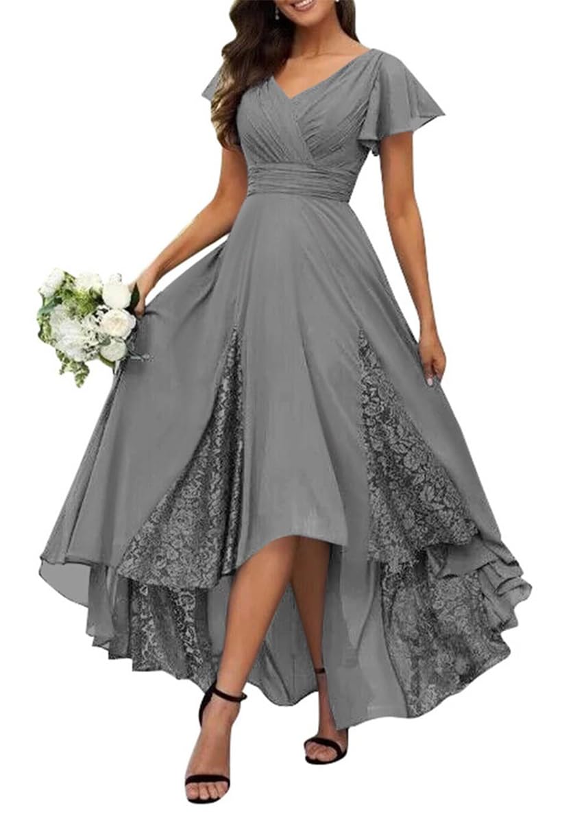 KURFACE Gray Bridesmaid Dresses with Sleeves Tea Length Mother of The Bride Petite Formal Wedding Guest Dress UK22