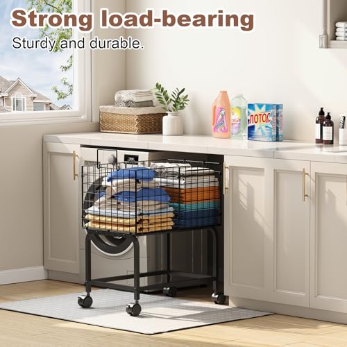 Image of Wire Laundry Hamper Cart,Rolling Laundry Carts with Pull Handle,Black Tall Laundry Basket,Commercial Wire Laundry Hamper Cart-23.6 * 15.75 * 28 inches