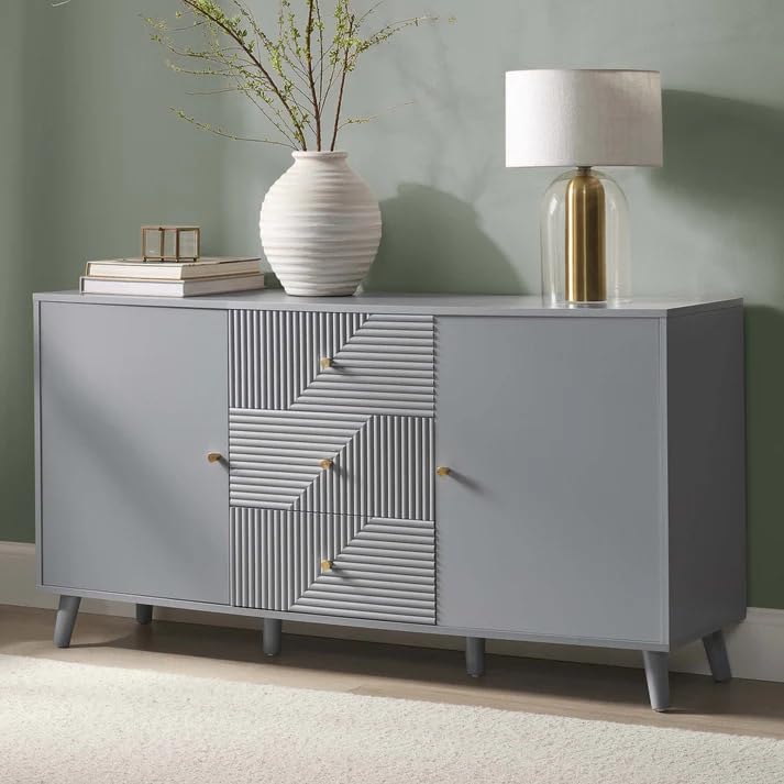 Image of Wooden Sideboard Cabinet for Living Room | Side Board Crockery Cabinet with 2 Doors & 3 Drawers Storage for Dining, Drawing and Home Office | HDMR Premium Wood & Iron, Light Grey