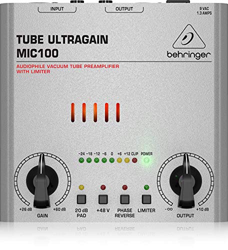 Behringer Tube Ultragain MIC100 Audiophile Vacuum Tube Preamplifier with Limiter,Silver