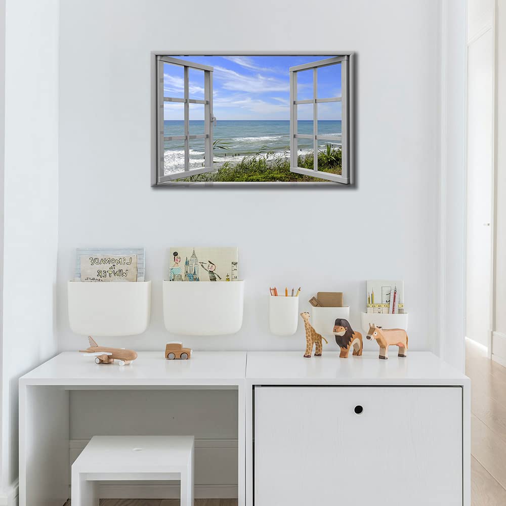 TISHIRON Canvas Wall Art 3D Window View Summertime Art Beach Seaside Picture for Home Office Bathroom Bedroom Stretched Giclee Framed Print Ready to Hang 16x24inch — view 4