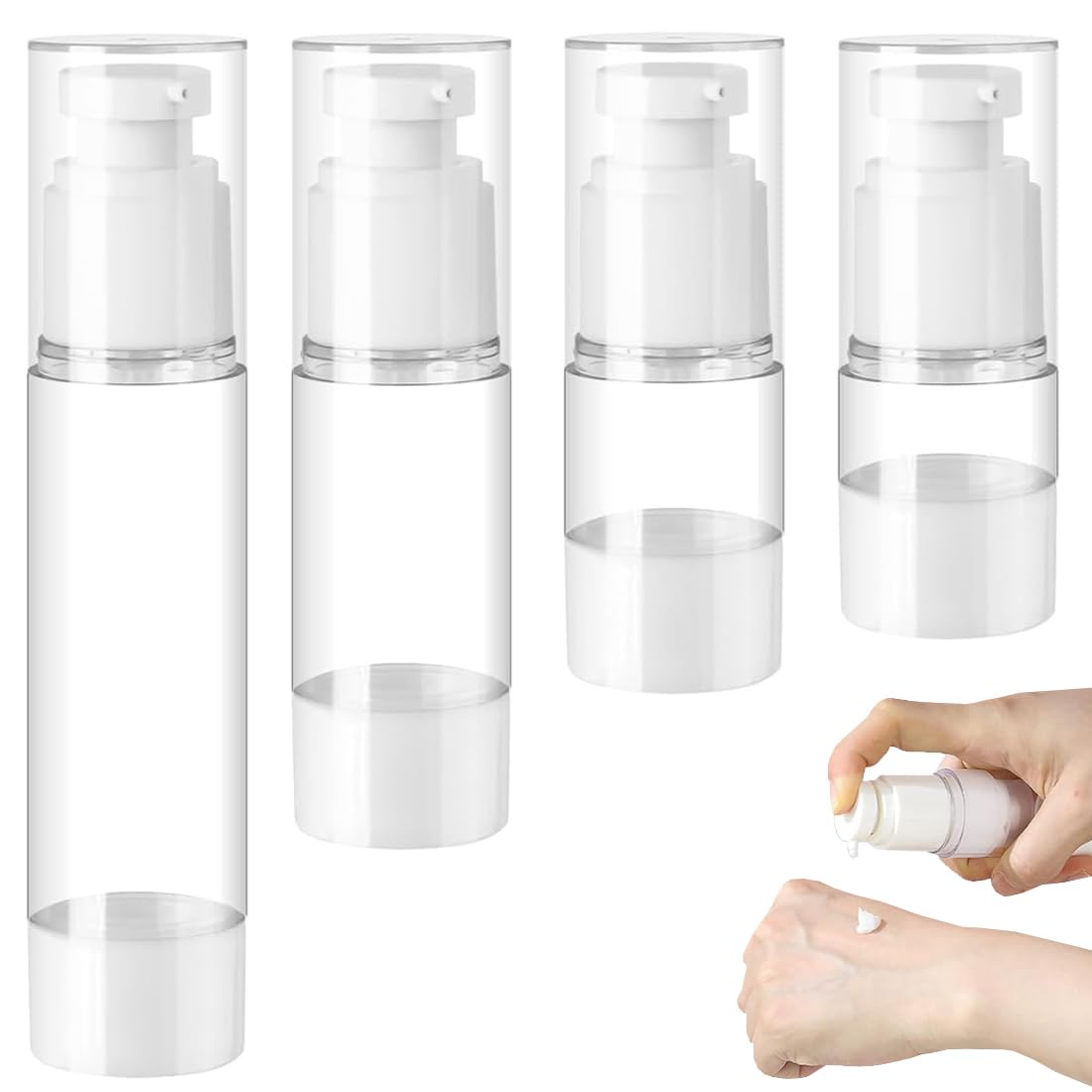 4 dispenser per crema, 5ml, 10 ml, 30 ml, 50 ml, senza senz'aria, Flaconi da Viaggio Trasparente, Airless Contenitore Crema Pump, Dispenser Cosmetico da Riempire, per Lozione, Fondotinta