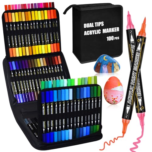 WOGOPRO Penne acriliche a doppia punta, 100 colori, penne artistiche con pennello e punta fine, penne per pittura su roccia, pietra, vetro, legno, tela, uova di Pasqua
