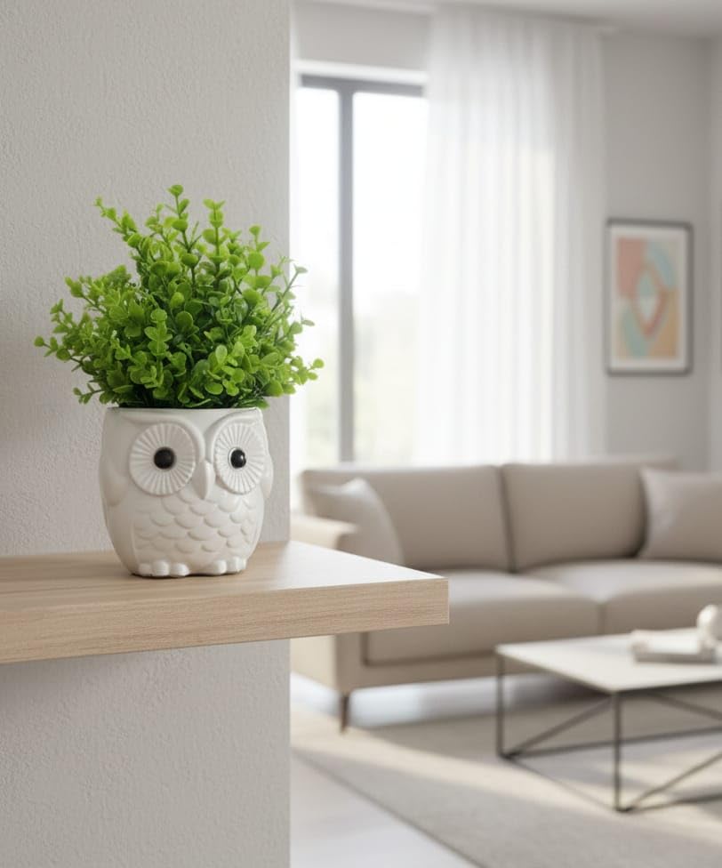 Image of Modern Owl Ceramic Flower Pot with Artificial Greenery | Tabletop Decorative Planter for Home Decor, Office Desk, Bookshelf & Coffee Table