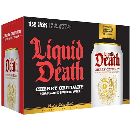 Image of Liquid Death Soda-Flavored Sparkling Water - Cherry Obituary, Less Sugar*, Huge Flavor, No Caffeine, No Artificial Sweeteners, 12 Fl Oz (Pack of 12)