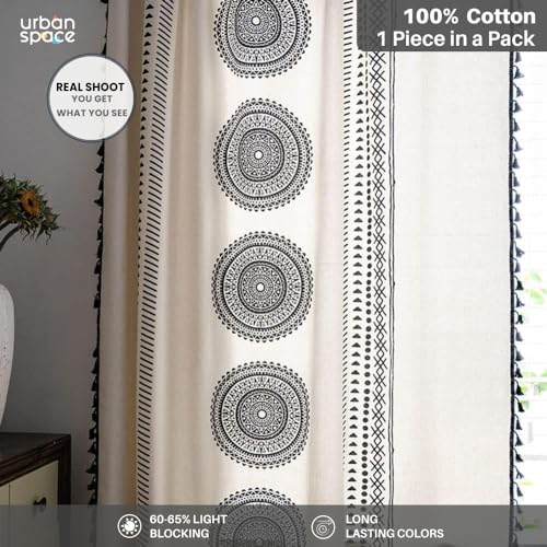 Image of Urban Space Boho Decorative Curtains for Window, 100% Cotton Curtain 5 Feet Long, Set of 1 Curtains with Tassels, 60-65% Room Darkening Curtain with Tieback and Eyelets (Trellis Black, 5 Feet)