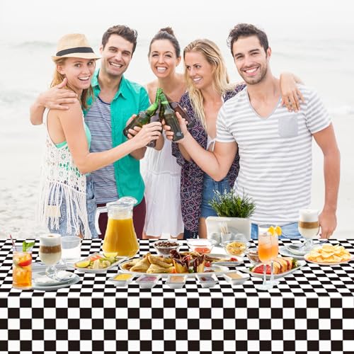 Image of WNINK 4 Pack Black and White Checkered Disposable Tablecloth Race Car Theme Party Table Cloth, Black checkered tablecloth for Race Car Theme Birthday, Outdoor Picnic Parties Decorations, 54 x 108 Inch