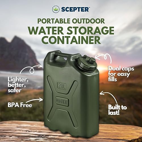 Scepter Portable Military Style Water Container for Camping & Outdoors, 5 Gallon, Green - Heavy-Duty Plastic Beverage and Hydration Dispenser for Outdoor Trip