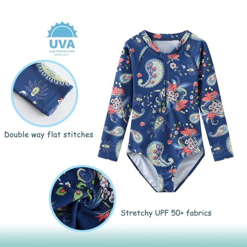 Image of Girls One Piece Swimsuits Long Sleeve Rash Guard for Kids Girls Hawaiian Swim Shirts UPF 50+ Sun Protection