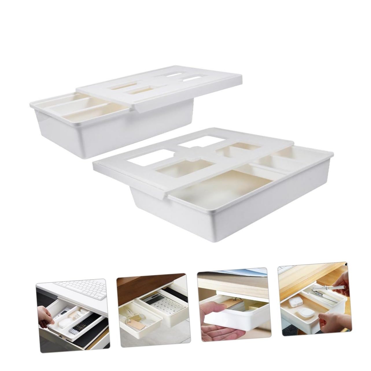 Homoyoyo 2 Cajas Organizadoras de Color Blanco para Debajo del Escritorio Diseño de Cajón, Material Abs y Pp Resistente, Capacidad para Bolígrafos y Pequeños Objetos, Ideales para Oficina