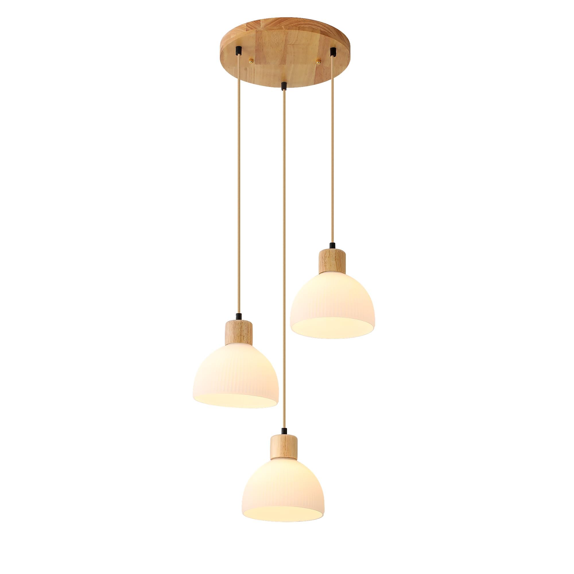 Lampara Colgante Techo Para Cocina,Madera Y Vidrio Blanco Lampara Techo 3 Luces E27 Altura Ajustable Decoracion Lamparas Para Comedor Salon Dormitorio