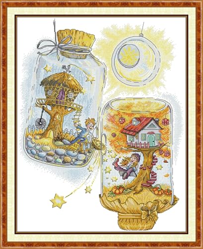Image of CrossNest 14CT Counted Cross Stitch Kit for Beginners, Unprinted Complete DIY Embroidery Set with Pattern & Tools, Premium Aida Cloth & Threads (Couple Wishing Bottle)