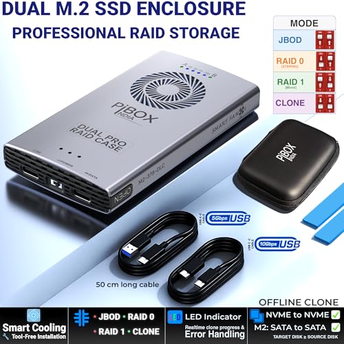 Image of M.2 Dual NVMe NGFF Dual Enclosure, PiBOX India NVMe /NGFF SATA Dual Protocol USB-C 3.2 2x2 , 4 RAID Modes JBOD /RAID 0 /1 /CLONE, Tool-Free Aluminum M2 SSD Reader Support M & B&M Key 2230 /2242 /2280 SSD