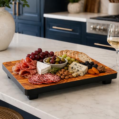 Image of Woodard & Charles Raised Acacia Wood Serving Tray, 12 inch x 8 inch x 1.75 inch, 4 Pack | Platform Serving Tray with Feet; Serve Cheese, Charcuterie, Sushi, Appetizers, Small Bites at Home, Parties, Catering Events