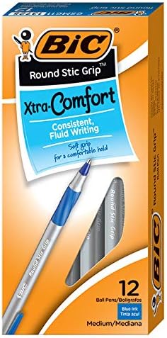 BIC Round Stic Grip Xtra Comfort Ballpoint Pen, Medium Point (1.2mm), Blue, 12-Count