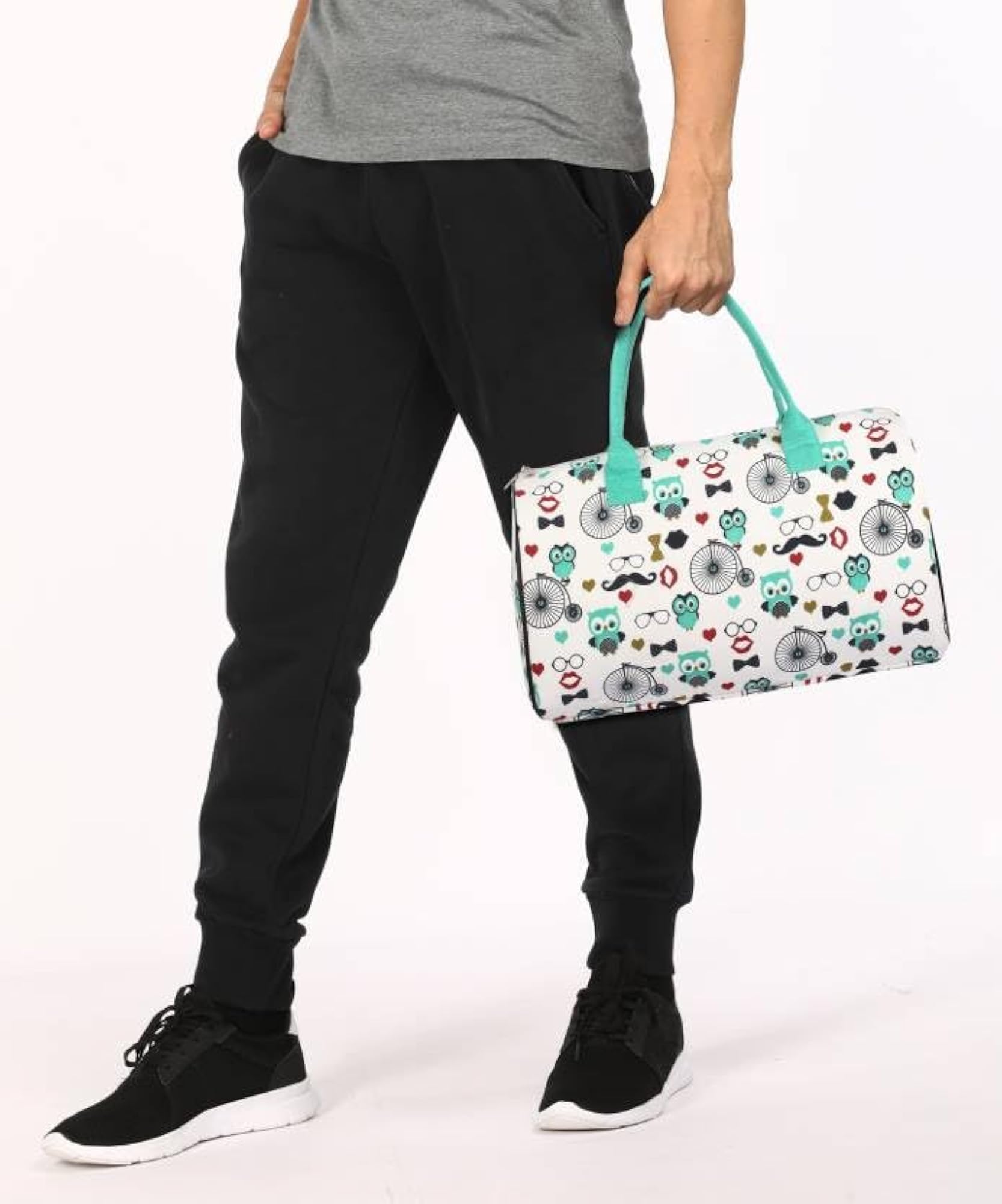 Duffle Bag with Owl and Bicycle Print, Travel Handbag