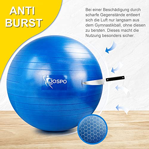 Foto von Jospo® Gymnastikball mit Ballpumpe, Fitness Sitzball, 55cm/65cm/75cm/85cm - blau/rot/schwarz - Büro, Yoga Ball, Sport Training, Pilates, Belastbar bis 350kg, Sicherheit durch Berst-Schutz