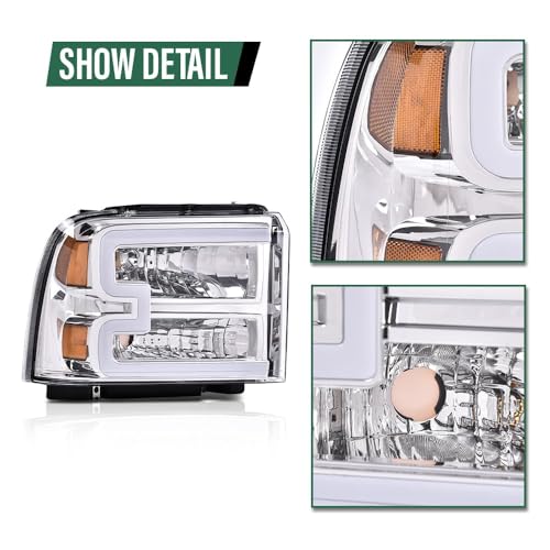 Image of GRAND ORANGE LED DRL Headlight Assembly Compatible with Ford Excursion 2005, Fit Ford F250 F350 F450 F550 Super Duty 2005-2007 FO2502217 HeadLamps LH & RH Clear lens Chrome Housing White Reflector