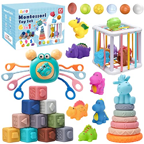 Image of ADFO 6 in 1 Baby Toys 6to12-18 Months, Include Pull String Baby Teething Toys, Soft Stacking Blocks & Rings, Sensory Shapes, Colorful Storage Bin, Montessori Toys for 1-3 Year Old Boys Girls Gifts