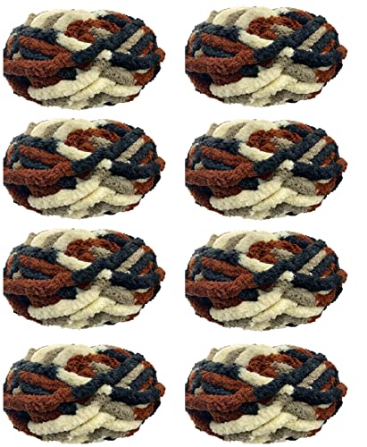 Bulky Chunky Arm Knitting Yarn 4 lbs, Multi Brown Home Dec Yarn 8 Pack 64oz Super Softee Thick Fluffy Jumbo Chenille Polyester Multicolor Yarn for Blanket Pillows Home Décor Projects, 8 Skeins