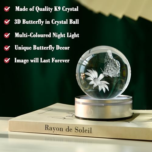 Image of IFOLAINA 3D Butterfly Crystal Ball Decor Lamp Gifts Ideas for Mom Her | Butterfly Gifts for Girlfriend Wife Her Mothers Day Birthday Christmas Butterfly on Sunflower in Glass Ball