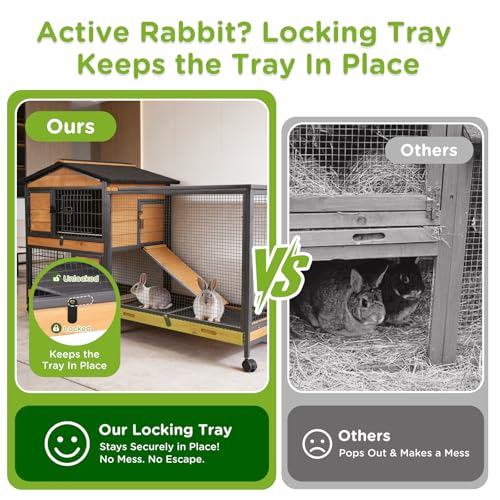 GUTINNEEN 2-Story Rabbit Hutch with Chew-Proof Full Metal Frame for Indoor/Outdoor - 62" Bunny Cage with 6 Locking Casters & 2 Pull-Out Trays for Rabbits, Guinea Pigs, Small Pets (Brown) - Image 2