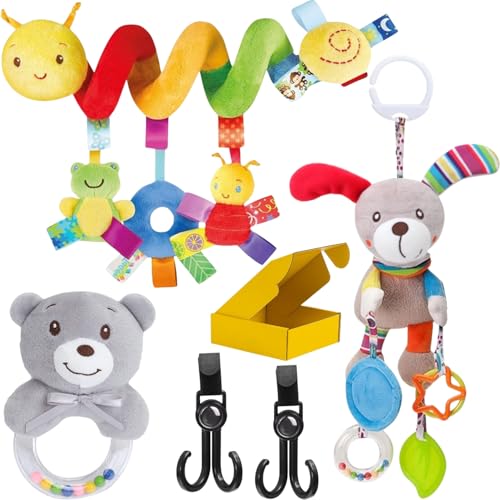 4 PCS Juguetes Carro Bebé: Espiral, Peluche Colgante, Sonajero Blandito y Ganchos Colgantes - Accesorios Carrito Para Actividades en Coche y Silla Paseo
