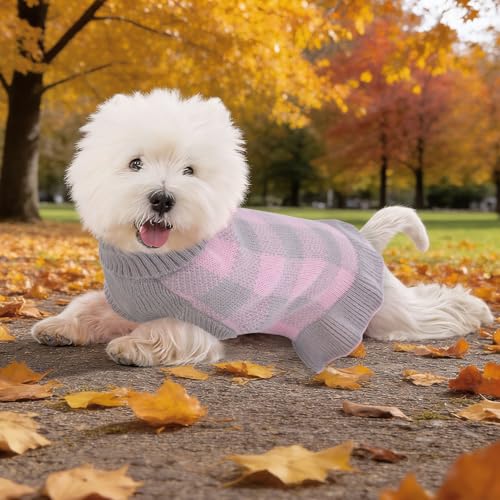 Image of Dog Sweater Dress Plaid Knitwear for Small Medium Dogs Warm Puppy Pet Turtleneck Stretch Pullover Cute Fall Winter Vest Clothes with Leash Hole for Christmas (Grey, M)