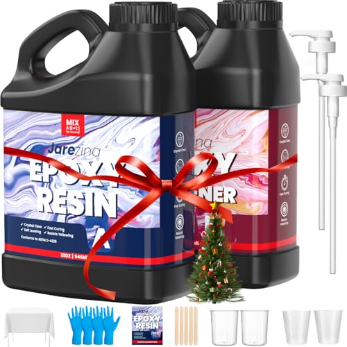 Jarezina 64OZ Epoxy Resin Kit,Crystal Clear Epoxy Resin-Strong and No Bubble,Not Yellowing,Self Leveling Easy Mix 1:1,Suitable for Art Casting,DIY,Jewelry Projects, Wood & Molds