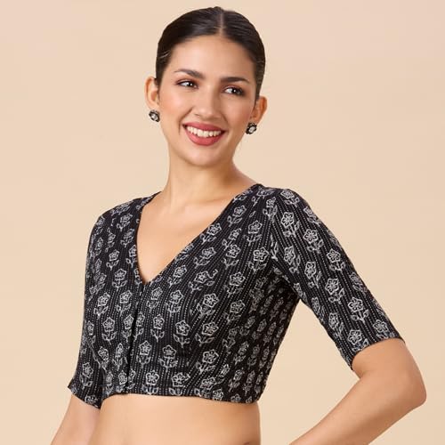 Image of Studio Shringaar Women Cotton Half Sleeve Block Printed Saree Blouse with Stretchable Sides