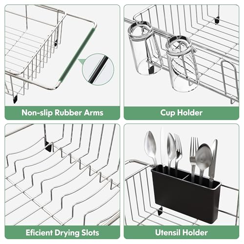MAJALiS Dish Drying Rack in Sink - Small Dish Drainers for Kitchen Sink, Over The Sink Dish Racks with Utensil Holder, Stainless Steel Dish Rack in Sink, Silver
