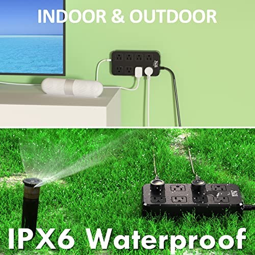 Image of QIYUAN IPX6 Waterproof Outdoor Power Strip, Overload Protector with 8 Outlets & 3 USB Ports (2A1C), 6FT Flat Plug Extension Cord for Garden Patio - Fireproof ABS, Black
