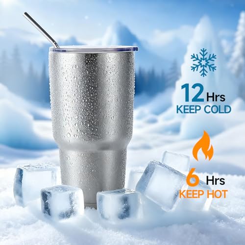 Volhoply 30oz Insulated Tumbler with Lid and Straw, Double Wall Inner & Outer 304 Stainless Steel Tumblers Bulk, Powder Coated Coffee Cup for Office, Home, Travel (Silver,8 Pack) by Volhoply - Used condition - Image 4